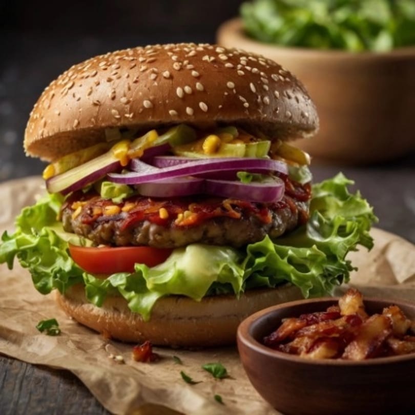 A juicy burger with lettuce, tomato, red onion, and pickles on a sesame seed bun.